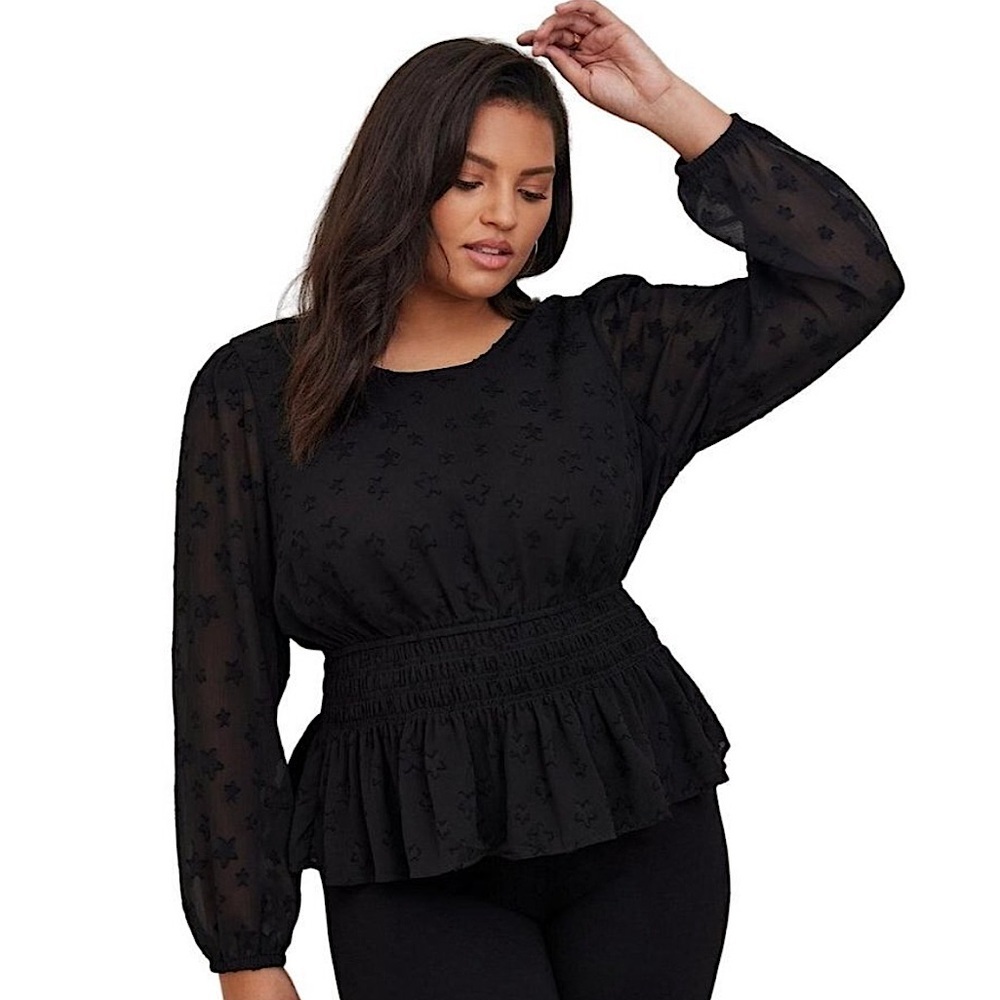 Torrid‎ Sheer Stars Smocked Waist Crinkle Chiffon Sheer Puff Sleeve Black 2X